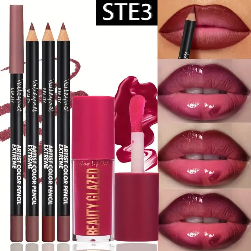 Kit Lèvres 4 Pièces — 3 Crayons Contour + 1 Gloss Mat Waterproof Longue Tenue