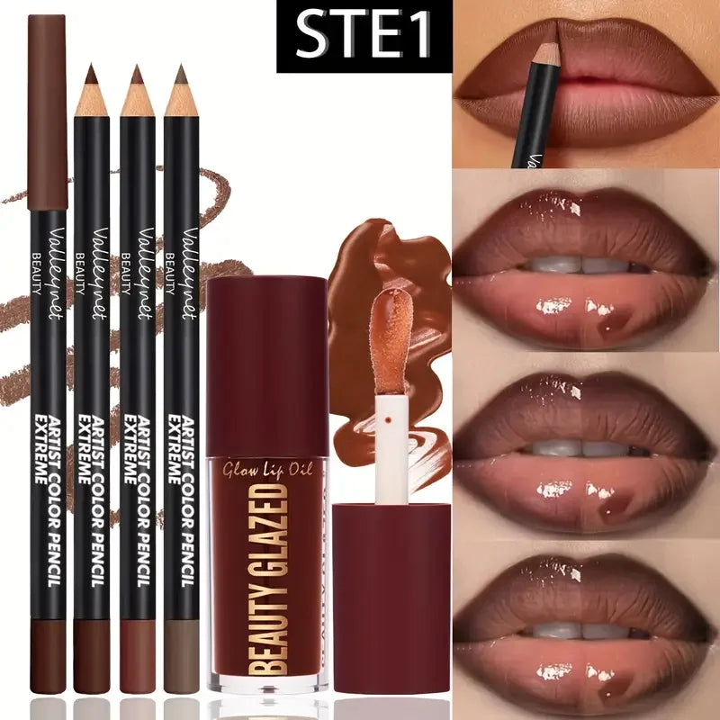 Kit Lèvres 4 Pièces — 3 Crayons Contour + 1 Gloss Mat Waterproof Longue Tenue