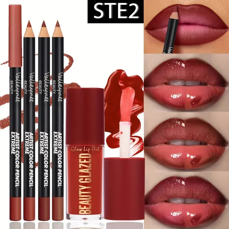 Kit Lèvres 4 Pièces — 3 Crayons Contour + 1 Gloss Mat Waterproof Longue Tenue