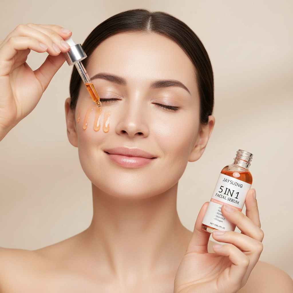 Sérum Visage 5 en 1 — Vitamine C, Acide Hyaluronique, Anti-Rides, Éclat & Pores