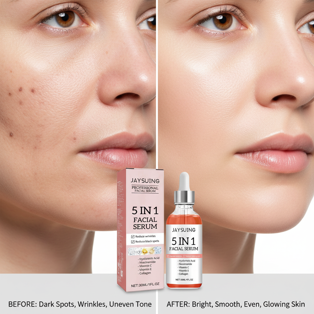 Sérum Visage 5 en 1 — Vitamine C, Acide Hyaluronique, Anti-Rides, Éclat & Pores