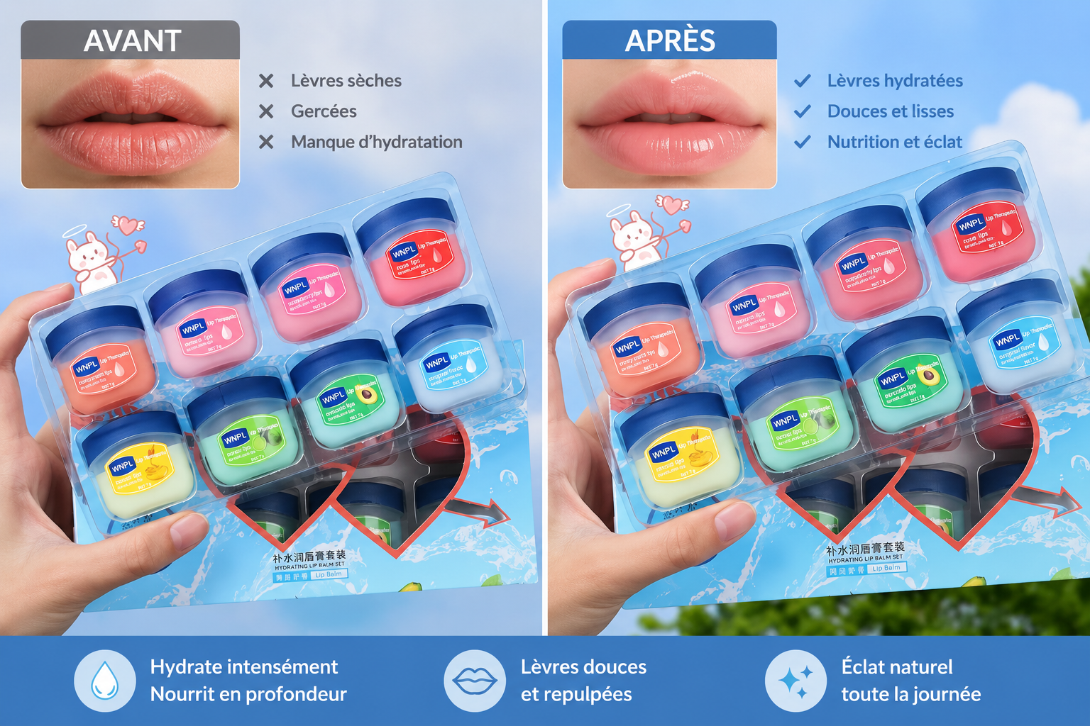 Coffret Baumes à Lèvres Hydratants Jelly — Base Végétale Naturelle, Lèvres Douces & Protégées