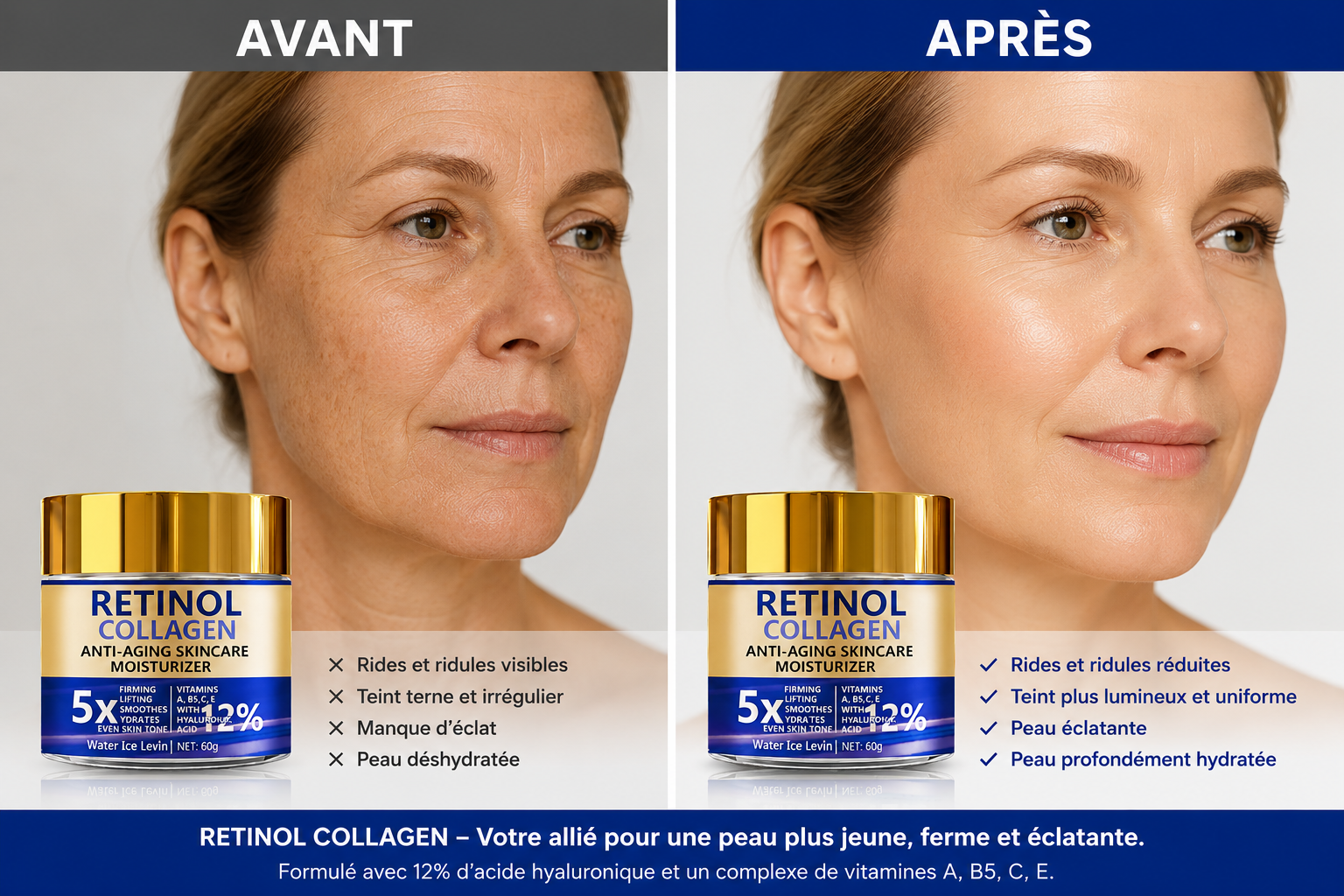 Crème Visage Anti-Âge Rétinol & Collagène 60g — Raffermissante, Hydratante & Lissante