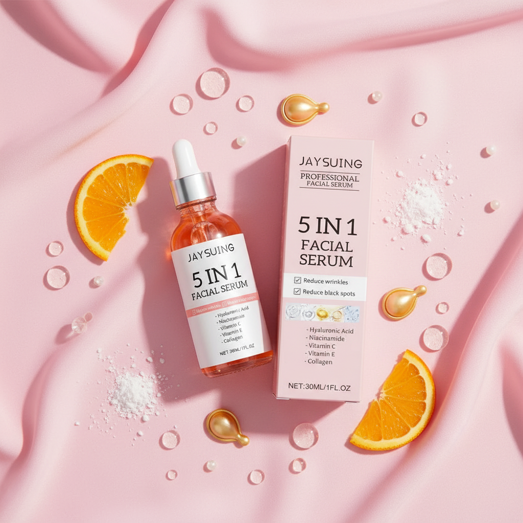 Sérum Visage 5 en 1 — Vitamine C, Acide Hyaluronique, Anti-Rides, Éclat & Pores