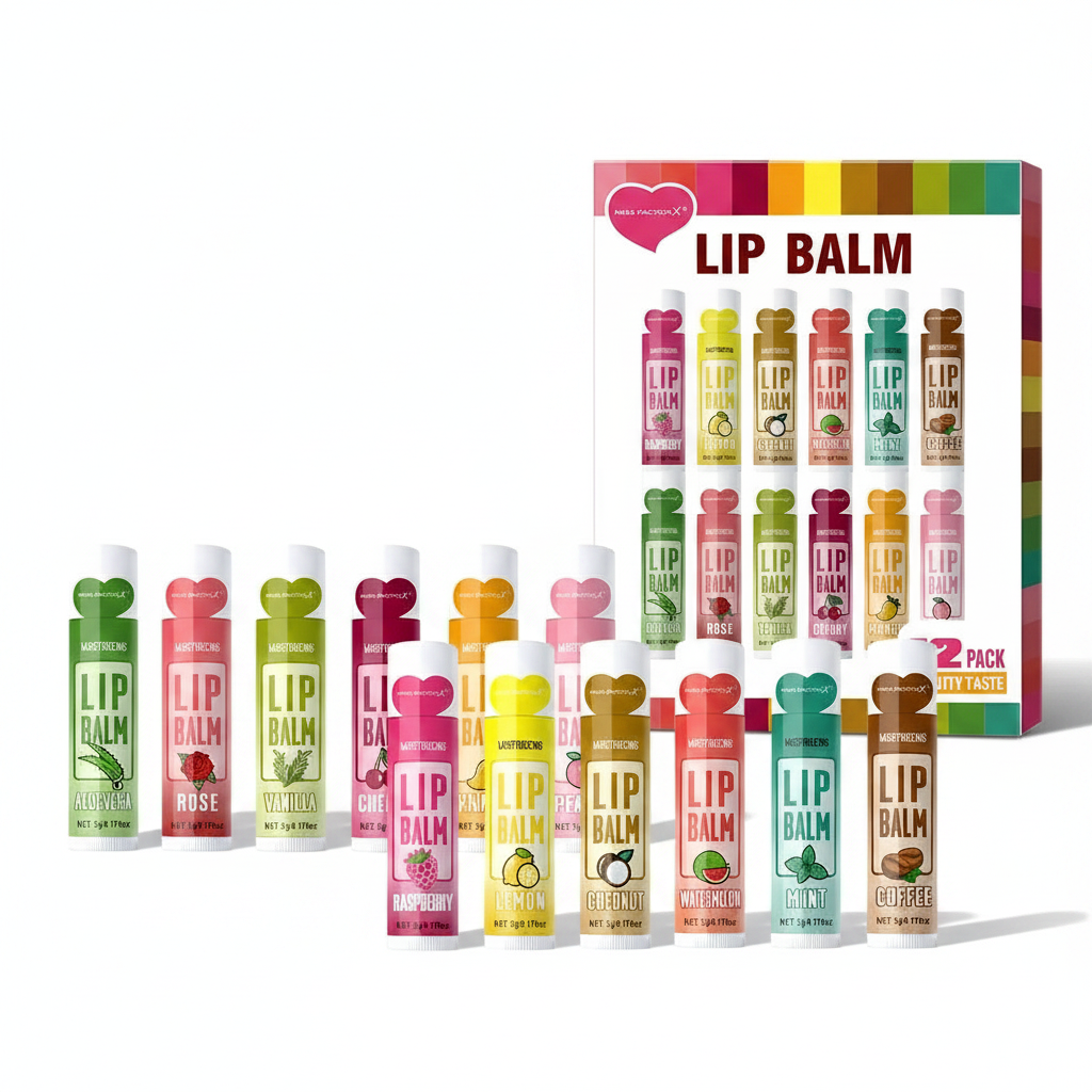 Coffret 12 Baumes à Lèvres — Hydratation Intense, Exfoliant & Longue Durée — Idéal Cadeau