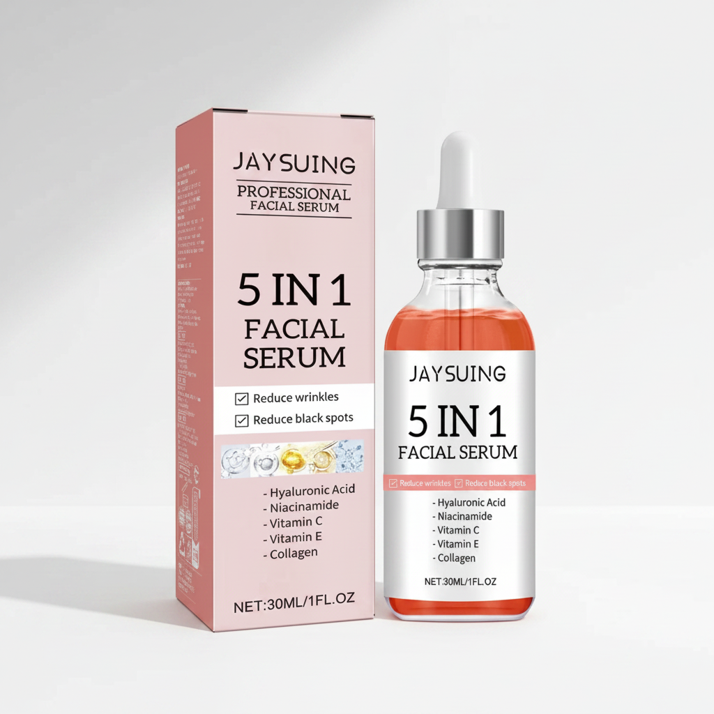 Sérum Visage 5 en 1 — Vitamine C, Acide Hyaluronique, Anti-Rides, Éclat & Pores